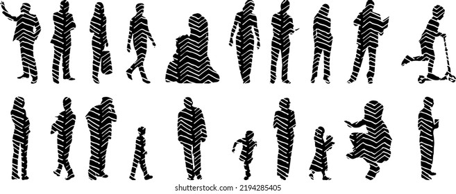 Siluetas vectoriales, Siluetas de contorno de personas, Dibujo de contorno, silueta de personas, Conjunto de iconos aislados, Silueta de personas sentadas, Conjunto arquitectónico	
