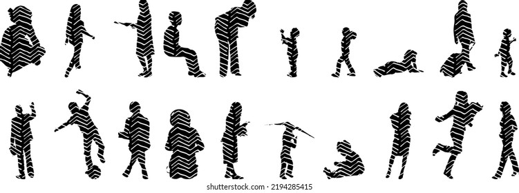 Vector silhouettes, Outline silhouettes of people, Contour drawing, people silhouette, Icon Set Isolated, Silhouette of sitting people, Architectural set	

