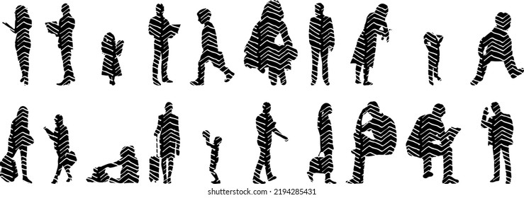 Vector silhouettes, Outline silhouettes of people, Contour drawing, people silhouette, Icon Set Isolated, Silhouette of sitting people, Architectural set	
