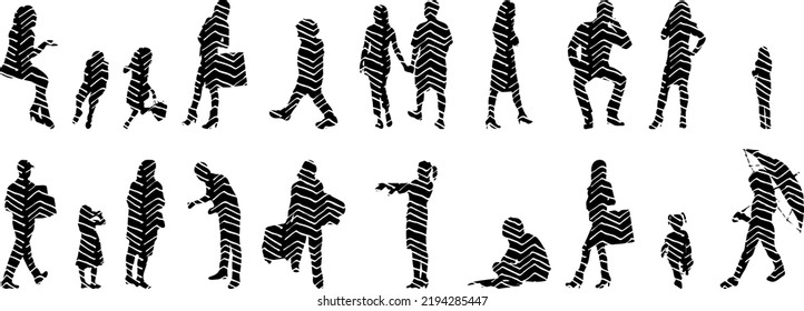 Siluetas vectoriales, Siluetas de contorno de personas, Dibujo de contorno, silueta de personas, Conjunto de iconos aislados, Silueta de personas sentadas, Conjunto arquitectónico	

