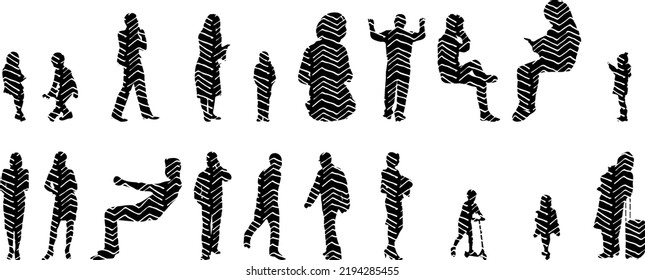 Vektor-Silhouetten, Silhouetten-Linien, Konturzeichnungen, Silhouette-Leute, Symbolsatz isoliert, Silhouette sitzender Menschen, Architekturset	
