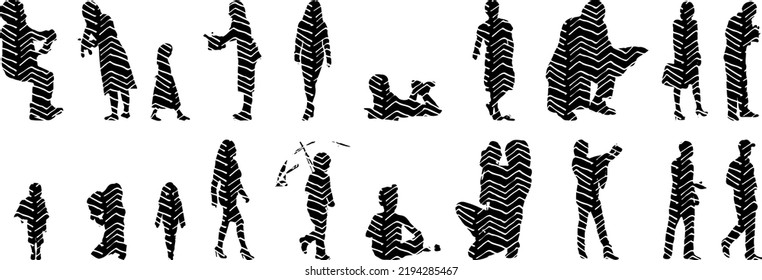 Vector silhouettes, Outline silhouettes of people, Contour drawing, people silhouette, Icon Set Isolated, Silhouette of sitting people, Architectural set	
