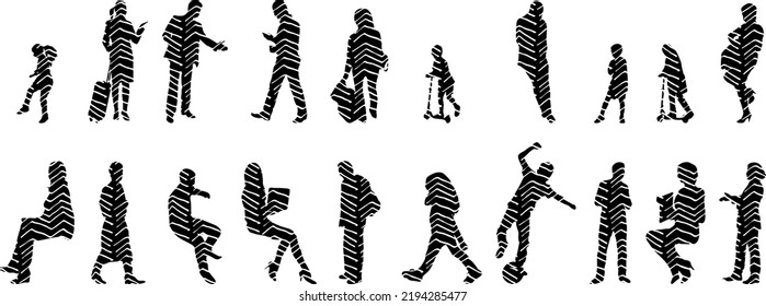Vector silhouettes, Outline silhouettes of people, Contour drawing, people silhouette, Icon Set Isolated, Silhouette of sitting people, Architectural set	
