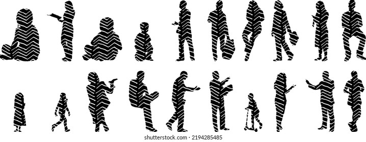 Vector silhouettes, Outline silhouettes of people, Contour drawing, people silhouette, Icon Set Isolated, Silhouette of sitting people, Architectural set	
