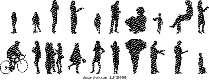 Vector silhouettes, Outline silhouettes of people, Contour drawing, people silhouette, Icon Set Isolated, Silhouette of sitting people, Architectural set	
