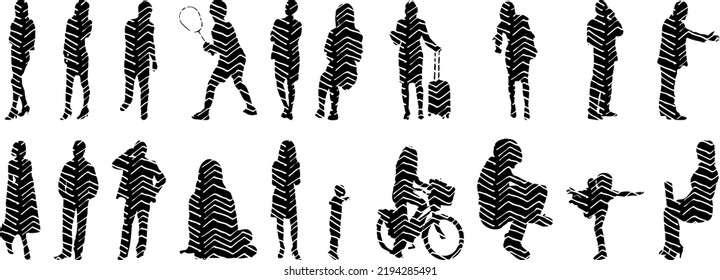 Vector silhouettes, Outline silhouettes of people, Contour drawing, people silhouette, Icon Set Isolated, Silhouette of sitting people, Architectural set	
