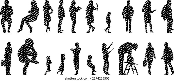 Vector silhouettes, Outline silhouettes of people, Contour drawing, people silhouette, Icon Set Isolated, Silhouette of sitting people, Architectural set	
