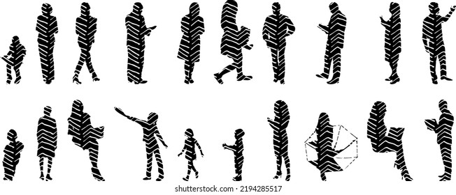 Vector silhouettes, Outline silhouettes of people, Contour drawing, people silhouette, Icon Set Isolated, Silhouette of sitting people, Architectural set	
