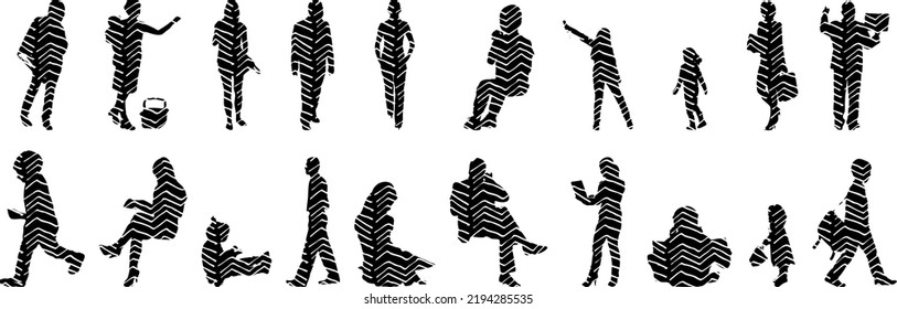 Vector silhouettes, Outline silhouettes of people, Contour drawing, people silhouette, Icon Set Isolated, Silhouette of sitting people, Architectural set	

