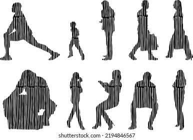 Vector silhouettes, Outline silhouettes of people, Contour drawing, people silhouette, Icon Set Isolated, Silhouette of sitting people, Architectural set	
