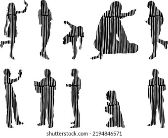 Siluetas vectoriales, Siluetas de contorno de personas, Dibujo de contorno, silueta de personas, Conjunto de iconos aislados, Silueta de personas sentadas, Conjunto arquitectónico	
