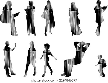 Vector silhouettes, Outline silhouettes of people, Contour drawing, people silhouette, Icon Set Isolated, Silhouette of sitting people, Architectural set	
