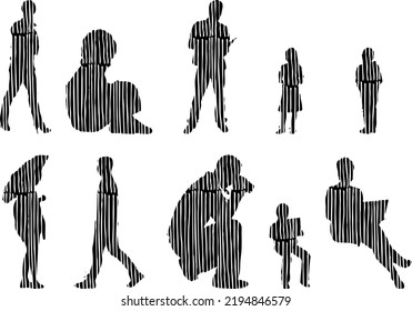 Vektor-Silhouetten, Silhouetten-Linien, Konturzeichnungen, Silhouette-Leute, Symbolsatz isoliert, Silhouette sitzender Menschen, Architekturset	
