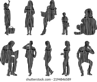 Vector silhouettes, Outline silhouettes of people, Contour drawing, people silhouette, Icon Set Isolated, Silhouette of sitting people, Architectural set	
