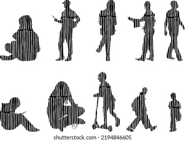 Vector silhouettes, Outline silhouettes of people, Contour drawing, people silhouette, Icon Set Isolated, Silhouette of sitting people, Architectural set	
