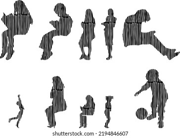 Vector silhouettes, Outline silhouettes of people, Contour drawing, people silhouette, Icon Set Isolated, Silhouette of sitting people, Architectural set	
