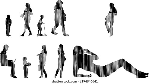 Vector silhouettes, Outline silhouettes of people, Contour drawing, people silhouette, Icon Set Isolated, Silhouette of sitting people, Architectural set	
