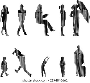 Vector silhouettes, Outline silhouettes of people, Contour drawing, people silhouette, Icon Set Isolated, Silhouette of sitting people, Architectural set	
