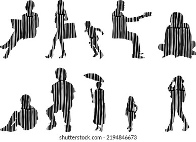 Vector silhouettes, Outline silhouettes of people, Contour drawing, people silhouette, Icon Set Isolated, Silhouette of sitting people, Architectural set	
