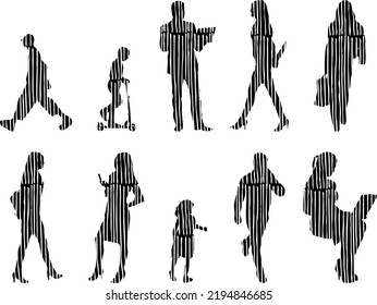 Vector silhouettes, Outline silhouettes of people, Contour drawing, people silhouette, Icon Set Isolated, Silhouette of sitting people, Architectural set	
