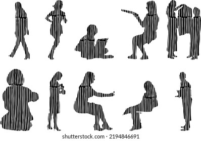 Vector silhouettes, Outline silhouettes of people, Contour drawing, people silhouette, Icon Set Isolated, Silhouette of sitting people, Architectural set	
