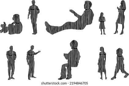 Vector silhouettes, Outline silhouettes of people, Contour drawing, people silhouette, Icon Set Isolated, Silhouette of sitting people, Architectural set	
