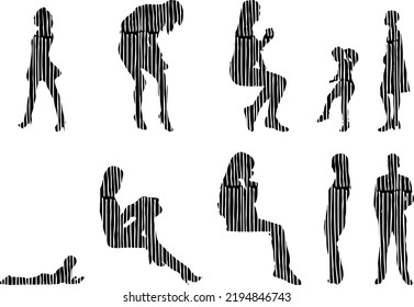 Vector silhouettes, Outline silhouettes of people, Contour drawing, people silhouette, Icon Set Isolated, Silhouette of sitting people, Architectural set	
