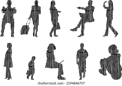 Vector silhouettes, Outline silhouettes of people, Contour drawing, people silhouette, Icon Set Isolated, Silhouette of sitting people, Architectural set	
