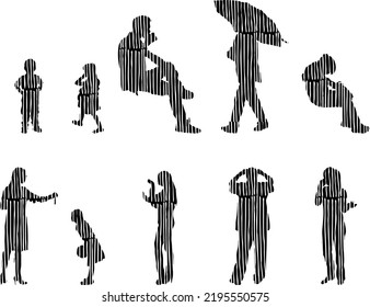 Vector silhouettes, Outline silhouettes of people, Contour drawing, people silhouette, Icon Set Isolated, Silhouette of sitting people, Architectural set	
