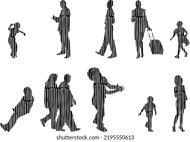 Vector silhouettes, Outline silhouettes of people, Contour drawing, people silhouette, Icon Set Isolated, Silhouette of sitting people, Architectural set	
