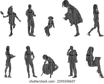 Vector silhouettes, Outline silhouettes of people, Contour drawing, people silhouette, Icon Set Isolated, Silhouette of sitting people, Architectural set	
