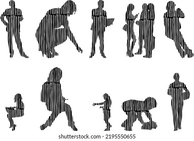 Vector silhouettes, Outline silhouettes of people, Contour drawing, people silhouette, Icon Set Isolated, Silhouette of sitting people, Architectural set	
