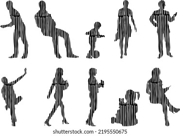 Vector silhouettes, Outline silhouettes of people, Contour drawing, people silhouette, Icon Set Isolated, Silhouette of sitting people, Architectural set	
