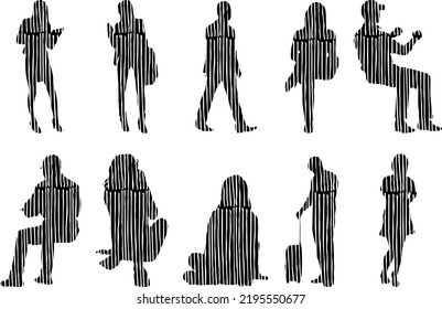 Vector silhouettes, Outline silhouettes of people, Contour drawing, people silhouette, Icon Set Isolated, Silhouette of sitting people, Architectural set	
