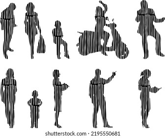 Vector silhouettes, Outline silhouettes of people, Contour drawing, people silhouette, Icon Set Isolated, Silhouette of sitting people, Architectural set	
