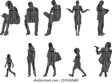 Vector silhouettes, Outline silhouettes of people, Contour drawing, people silhouette, Icon Set Isolated, Silhouette of sitting people, Architectural set	
