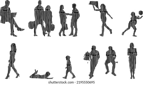Vector silhouettes, Outline silhouettes of people, Contour drawing, people silhouette, Icon Set Isolated, Silhouette of sitting people, Architectural set	

