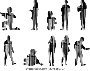 Vector silhouettes, Outline silhouettes of people, Contour drawing, people silhouette, Icon Set Isolated, Silhouette of sitting people, Architectural set	
