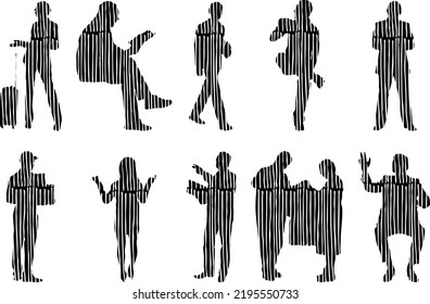 Vector silhouettes, Outline silhouettes of people, Contour drawing, people silhouette, Icon Set Isolated, Silhouette of sitting people, Architectural set	
