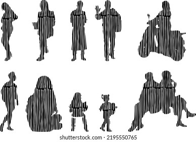 Vector silhouettes, Outline silhouettes of people, Contour drawing, people silhouette, Icon Set Isolated, Silhouette of sitting people, Architectural set	

