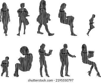 Vector silhouettes, Outline silhouettes of people, Contour drawing, people silhouette, Icon Set Isolated, Silhouette of sitting people, Architectural set	
