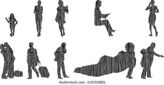 Vector silhouettes, Outline silhouettes of people, Contour drawing, people silhouette, Icon Set Isolated, Silhouette of sitting people, Architectural set	

