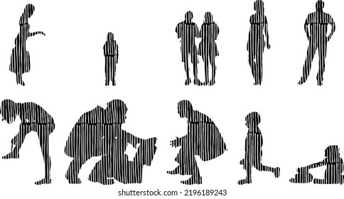 Vector silhouettes, Outline silhouettes of people, Contour drawing, people silhouette, Icon Set Isolated, Silhouette of sitting people, Architectural set	
