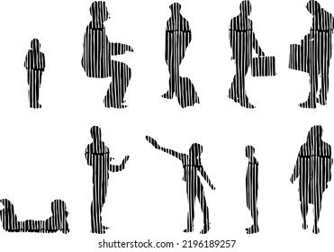 Vector silhouettes, Outline silhouettes of people, Contour drawing, people silhouette, Icon Set Isolated, Silhouette of sitting people, Architectural set	
