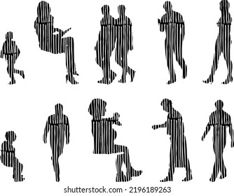 Vector silhouettes, Outline silhouettes of people, Contour drawing, people silhouette, Icon Set Isolated, Silhouette of sitting people, Architectural set	
