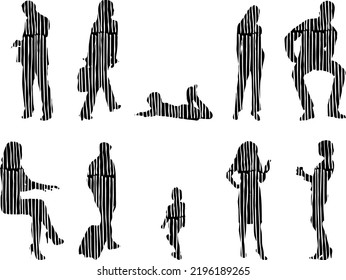 Vector silhouettes, Outline silhouettes of people, Contour drawing, people silhouette, Icon Set Isolated, Silhouette of sitting people, Architectural set	
