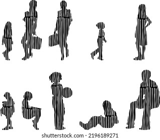 Vector silhouettes, Outline silhouettes of people, Contour drawing, people silhouette, Icon Set Isolated, Silhouette of sitting people, Architectural set	
