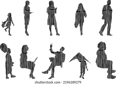 Vector silhouettes, Outline silhouettes of people, Contour drawing, people silhouette, Icon Set Isolated, Silhouette of sitting people, Architectural set	
