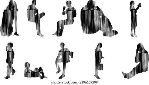 Vector silhouettes, Outline silhouettes of people, Contour drawing, people silhouette, Icon Set Isolated, Silhouette of sitting people, Architectural set	
