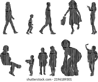 Vektor-Silhouetten, Silhouetten-Linien, Konturzeichnungen, Silhouette-Leute, Symbolsatz isoliert, Silhouette sitzender Menschen, Architekturset	
